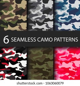 Set of 6 pack Camouflage seamless patterns background with black shadow. Classic clothing style masking camo repeat print. Bright colors of forest texture. Vector illustration web design and clothes.