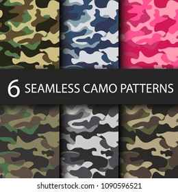 Set of 6 pack Camouflage seamless patterns background with black shadow. Classic clothing style masking camo repeat print. Bright colors of forest texture. Vector illustration web design and clothes.