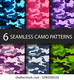 Set of 6 pack Camouflage seamless patterns background with black shadow. Classic clothing style masking camo repeat print. Bright colors of forest texture. Vector illustration web design and clothes.