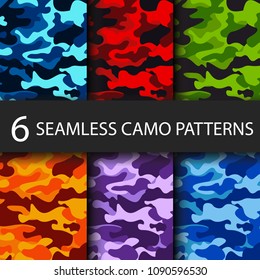 Set of 6 pack Camouflage seamless patterns background with black shadow. Classic clothing style masking camo repeat print. Bright colors of forest texture. Vector illustration web design and clothes.