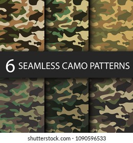 Set of 6 pack Camouflage seamless patterns background with black shadow. Classic clothing style masking camo repeat print. Bright colors of forest texture. Vector illustration web design and clothes.