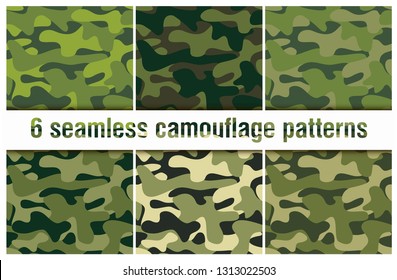 Set of 6 pack Camouflage seamless patterns background . Classic clothing style masking camo repeat print. Bright colors of forest texture. Vector illustration web design and clothes. 