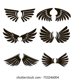 Set of 6 pairs of black vector wings on a white background