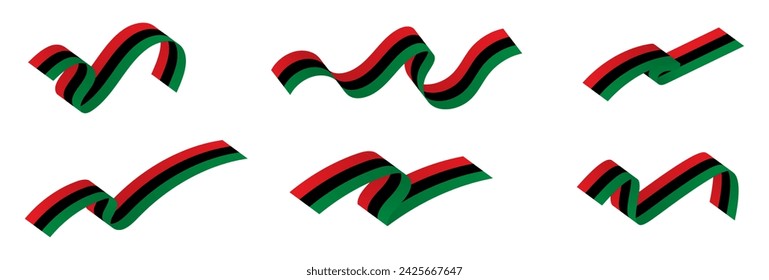 Set of 6 Pan - African Flag ribbons isolated on white background. Juneteenth. African-American Independence Day. Freedom Day. Vector Illustration. EPS 10.