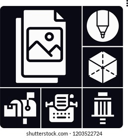 Set of 6 paper filled icons such as file, marker, cube, postbox, filter