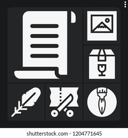 Set of 6 paper filled icons such as papyrus, paint brush, fragile, quill, scissors