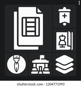 Set of 6 paper filled icons such as banner, video file, paint brush, layers, magazine