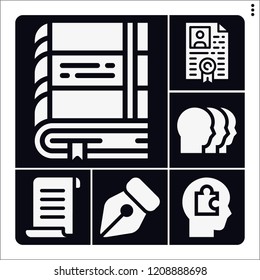 Set of 6 paper filled icons such as papyrus, resume, book, pen, head