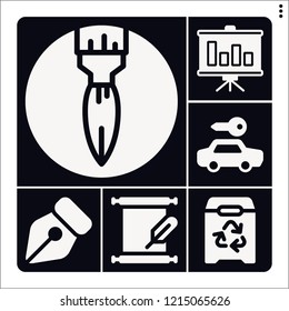 Set of 6 paper filled icons such as bar chart, paint brush, recycle, rental, pen