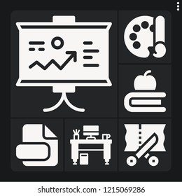 Set of 6 paper filled icons such as presentation, desk, color palette, file, book