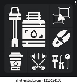 Set of 6 paper filled icons such as scissors, layers, coffee cup, push pin, glue