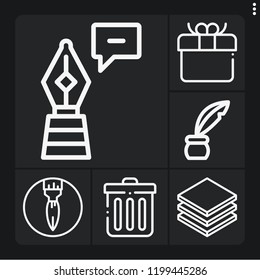Set of 6 paper outline icons such as inkwell, trash, gift, layers, paint brush