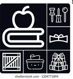 Set of 6 paper outline icons such as present, push pin, box, book, scroll
