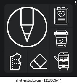 Set of 6 paper outline icons such as coffee cup, photocopier, crayon, eraser, test