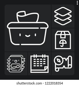 Set of 6 paper outline icons such as calendar, package, layers, treasure map, recipe book