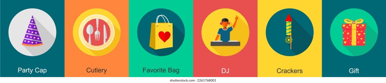 A set of 6 Party icons as party cap, cutlery, favorite bag