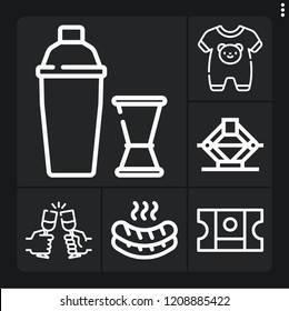 Set of 6 party outline icons such as cocktail shaker, jack, sausage, toast, ticket