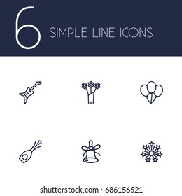 Set Of 6 Party Outline Icons Set.Collection Of Flower, Balloon, Stars And Other Elements.