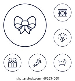 Set Of 6 Party Outline Icons Set.Collection Of Balloon, Firecrackers, Bow And Other Elements.