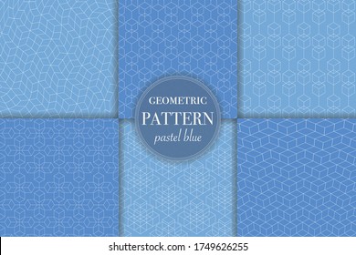 Set of 6 pastel blue geometric pattern background. Abstract line, retro style vector illustration 