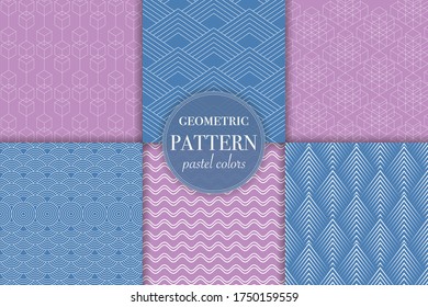 Set of 6 pastel blue and pink geometric pattern background. Abstract line style vector illustration for wallpaper, flyer, cover, banner, design template minimalistic ornament, backdrop.