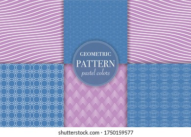 Set of 6 pastel blue and pink geometric pattern background. Abstract line style vector illustration for wallpaper, flyer, cover, banner, design template minimalistic ornament, backdrop.