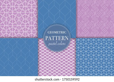Set of 6 pastel blue and pink geometric pattern background. Abstract line style vector illustration for wallpaper, flyer, cover, banner, design template minimalistic ornament, backdrop.