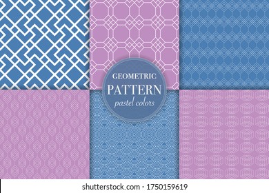 Conjunto de 6 fondo de motivos geométricos azul pastel y rosa. Ilustración vectorial de estilo de línea abstracta para papel de pared, volante, portada, banner, plantilla de diseño ornamento minimalista, fondo.