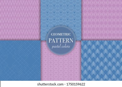 Set of 6 pastel blue and pink geometric pattern background. Abstract line style vector illustration for wallpaper, flyer, cover, banner, design template minimalistic ornament, backdrop.