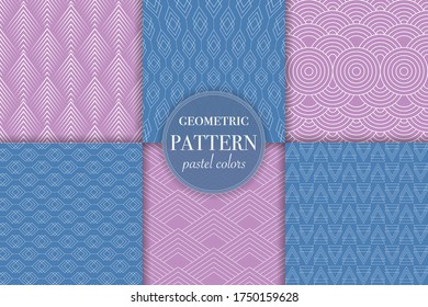 Set of 6 pastel blue and pink geometric pattern background. Abstract line style vector illustration for wallpaper, flyer, cover, banner, design template minimalistic ornament, backdrop.