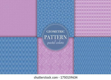 Set of 6 pastel blue and pink geometric pattern background. Abstract line style vector illustration for wallpaper, flyer, cover, banner, design template minimalistic ornament, backdrop.