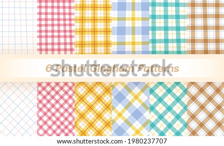 Set of 6 Pastel Gingham Pattern Background. Diagonal Hand-free Style Editable Stroke. Tartan, Plaid, Checkered Pale, Pink, Yellow, Blue, Green, Beige, Brown.
