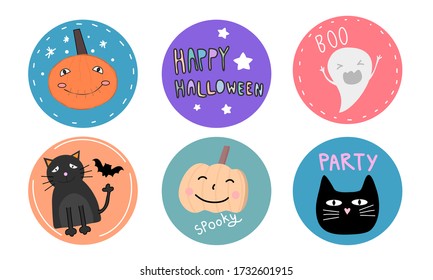Set of 6 pastel Happy Halloween Party Round Shape with pumpkins, cute black cat, text, baby ghost for children, infants, business banner, sticker funny theme, greeting card on white background