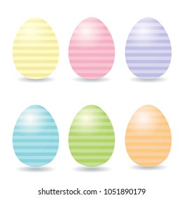 Set of 6 pastel light colors Easter eggs. Vector illustration isolated on white background