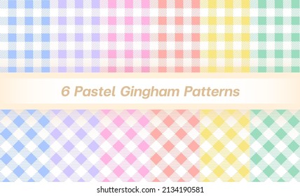 Set of 6 Pastel Rainbow Pastel Blue Purple Pink Yellow Green Tartan Plaid Checkered Gingham Pattern Background Vector Illustration Tablecloth, Picnic mat wrap paper