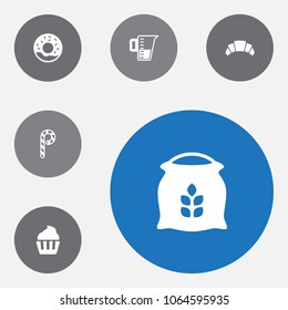 Set of 6 pastry icons set. Collection of donuts, croissant, measuring cup and other elements.