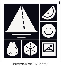 Set of 6 pattern filled icons such as triangle, avocado, cube, picture, smile