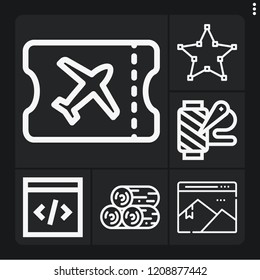 Set of 6 pattern outline icons such as wood, , boarding pass, spool of thread, picture