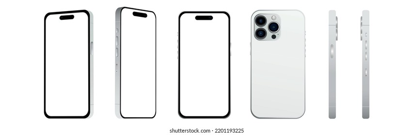 Set of 6 pcs different angles, White smartphone 14 PRO models, new IT industry, mockup for web design on a white background - Vector illustration