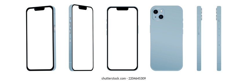 Set of 6 pcs different angles, Blue smartphone 14 models, new IT industry, mockup for web design on a white background - Vector illustration