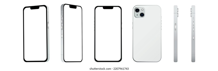 Set of 6 pcs different angles, White smartphone 14 models, novelty of the IT industry, mockup for web design on a white background - Vector illustration