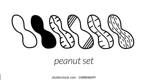 Set of 6 peanuts. Linear flat simple icons collection. Usable for signs, banners, pstterns, cards, packaging. Vector illustration 