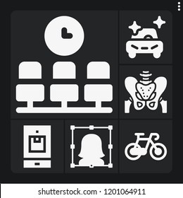 Set of 6 people filled icons such as pelvis, user, waiting room, clean car, smartphone