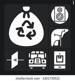 Set of 6 people filled icons such as speaker, liver, exit, smartphone, school bus