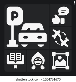Set of 6 people filled icons such as parking, thumbs up, flight, image, little red riding hood