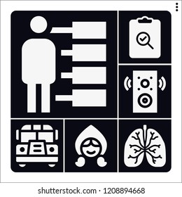 Set of 6 people filled icons such as lungs, school bus, survey, little red riding hood, speaker