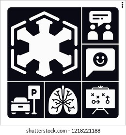 Set of 6 people filled icons such as lungs, strategy, feedback, sith, talk