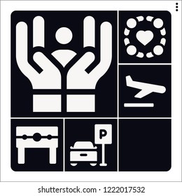 Set of 6 people filled icons such as punishment, motorcycle, landing, group, care