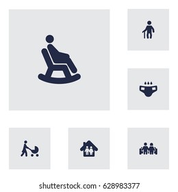 Set Of 6 People Icons Set.Collection Of Rocking Chair, Perambulator, Family In Home And Other Elements.
