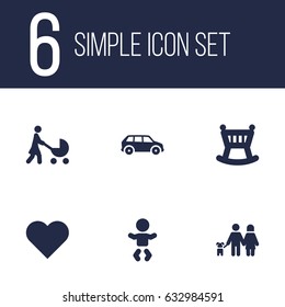 Set Of 6 People Icons Set.Collection Of Cot, Perambulator, Kid And Other Elements.